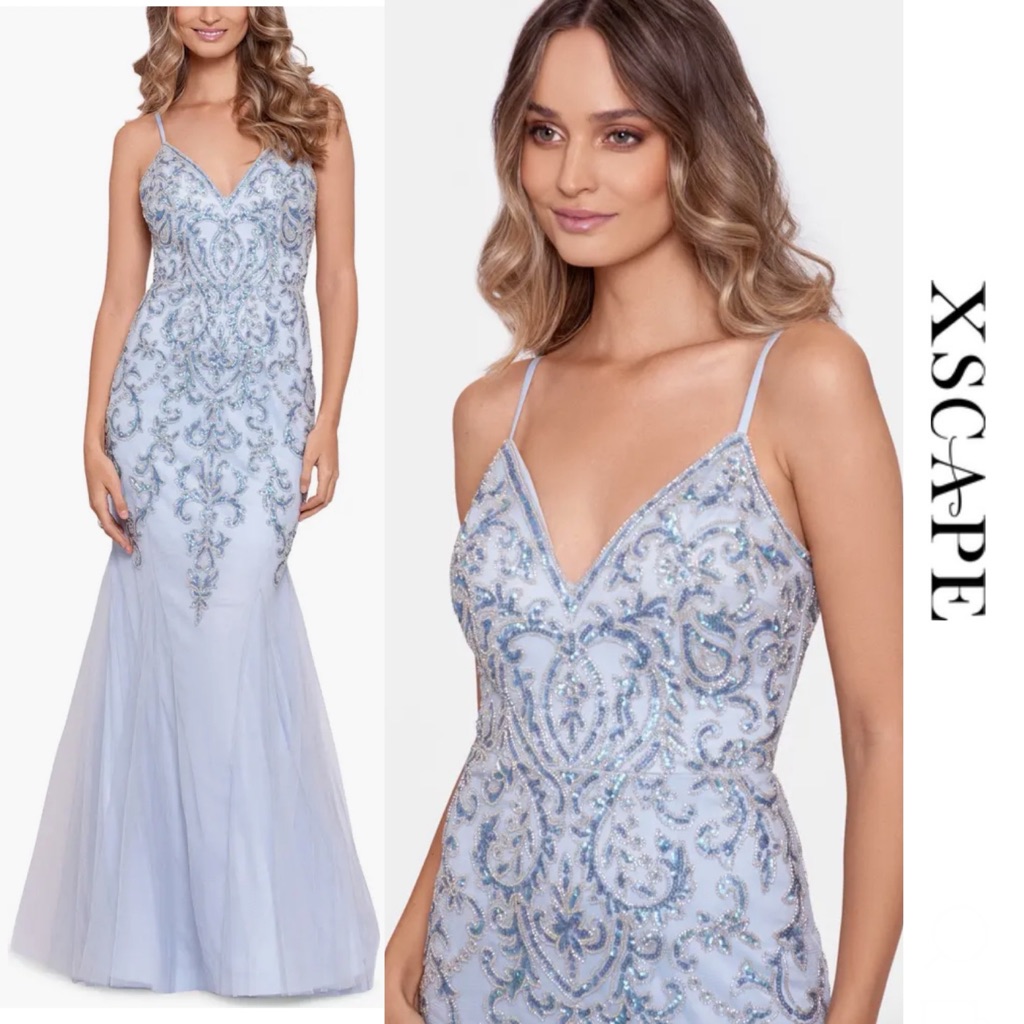 Xscape - Embellished Mesh Mermaid Gown - Gray Blue Size 12